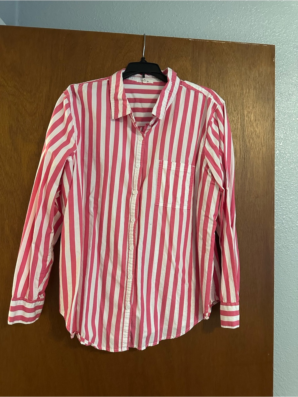Women’s Pink and White Striped Button-Up Shirt